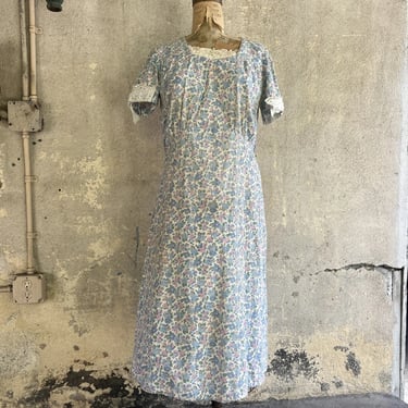 Vintage 1930s Blue Flower Feedsack Print Dress Puff Sleeve Midi Cotton  1940s