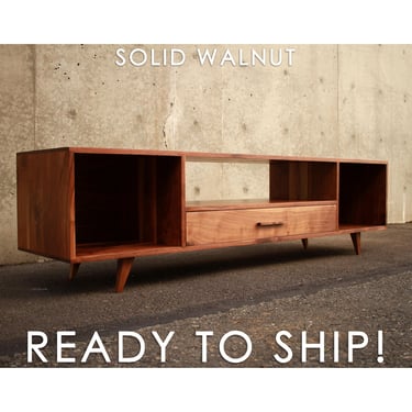 READY TO SHIP - Bakewell Vinyl Console, Walnut, Mid Century Credenza, Modern Vinyl Storage, Solid Wood Media Storage 