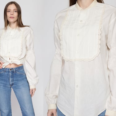 Med-Lrg 70s Does Victorian White Bishop Sleeve Shirt Unisex | Kennington Boho Vintage Lace Trim Pirate Renaissance Blouse 
