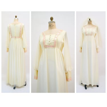 60s 70s Vintage Long Sleeve Cream Wedding Dress Small Conservative Floral Lace Pink Ribbon Wedding Gown Dress Chiffon Boho Wedding Dress 
