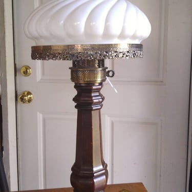 VINTAGE 1970s Milk Glass Wood and Brass Lamp with Key Knob 