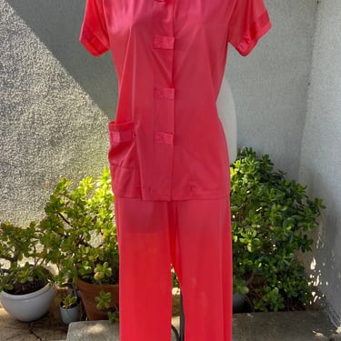SALE Vintage pajama set nylon dark coral orange top pants by Herson's Kickernick sz S 32 