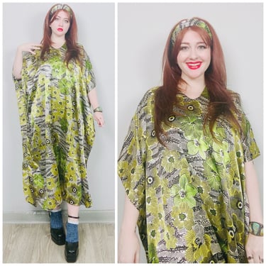 1990s Vintage Sante Classic Yellow and Black Floral Silky Caftan / 90s Flower Power Scarf / Kaftan Dress Set / One Size 