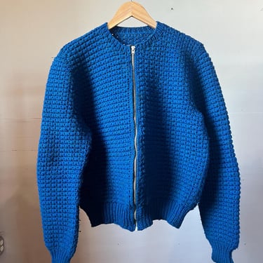 Medium, Vintage 1950s Chunky Blue Knit Sweater, Zip Up, S2 