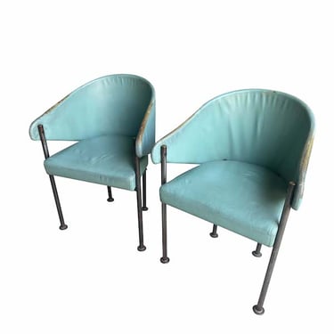 Pair of Aqua Leather Side Chairs, France, 1950’s