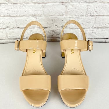 Prada Patent Leather Criss Cross Platform Sandals, Size 37, Beige