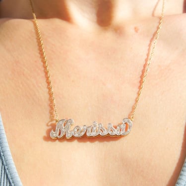 14K Diamond 'Merissa' Nameplate Necklace, Textured White Gold Script Font, Yellow Gold Backing & Chain, 20 1/4