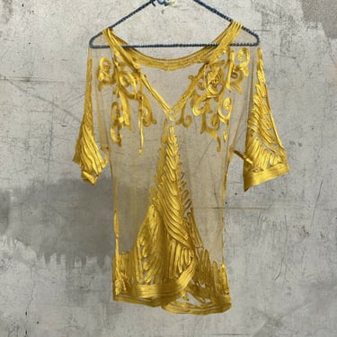 Antique Yellow Net Blouse Soutache Embroidery 1900s Dress Top Floral Sheer