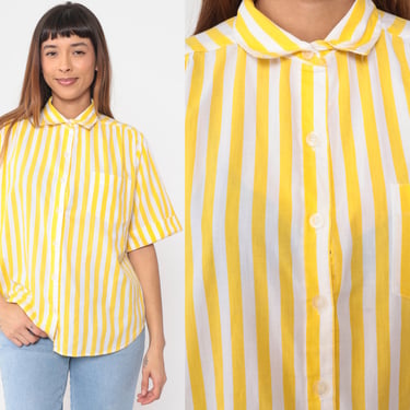 Yellow Striped Blouse 90s Button Up Shirt White Vertical Stripes Collared Top Retro Preppy Short Sleeve Casual Vintage 1990s Large L 