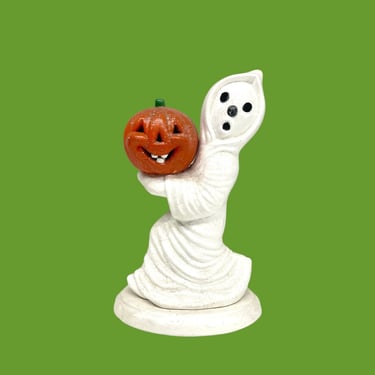 Vintage Ceramic Ghost Lamp Retro 1970s Atlantic Mold + Halloween + Ghost with Pumpkin + Jack-O-Lantern + Light Up + Spooky + Home Decor 