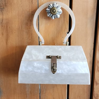 50s White Lucite Bag Top Handle Box Purse by Florida Handbags 