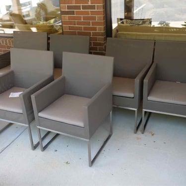 Set of 6 Crate & Barrel Outdoor  Mesh Arm Dining Chairs with Grey Cushions