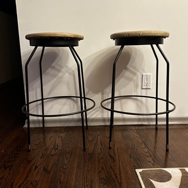 Set of 2 Frederick Weinberg Style Wrought Iron Swivel Stools 