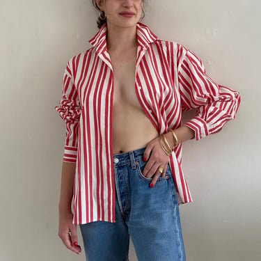 90s cotton striped blouse / vintage red awning striped pinstripe cotton Saks Fifth Avenue blouse shirt | Large 