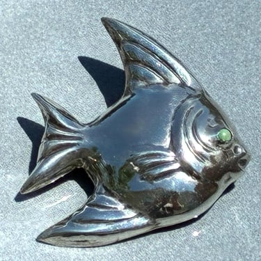 Casa Prieto ~ Vintage Mexico Sterling Silver Large Fish with Green Eye Brooch / Pin in Repousse c. 1940's 