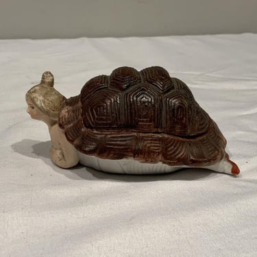 Antique German Bisque Figurine Bathing Lady In Turtle Shell Trinket Box, adorable trinket dish, antique gifts, grandmillennial 