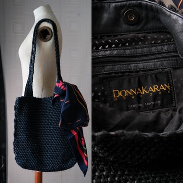 Vintage 90s DONNA KARAN Black Label Leather & Nylon Woven Hobo Satchel Shoulder Bag | 100% Genuine Leather | 1990s DKNY Designer Handbag 
