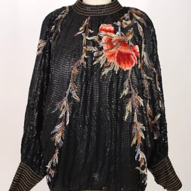 1980s Silk Floral Embellished Top