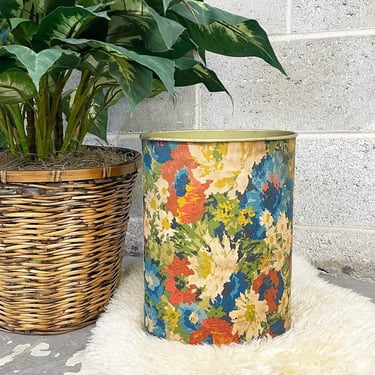 Vintage Wastebasket Retro 1960s Mid century Modern + Floral Print + Fabric + Trash Can + Garbage Bin + Metal Tin + MCM + Bathroom Decor 