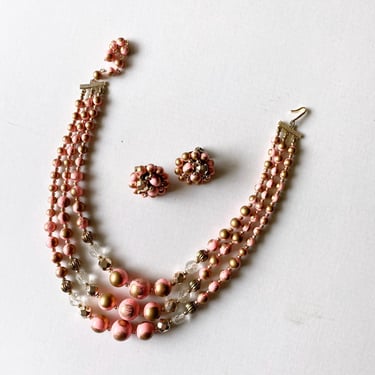 Vintage 60's Pink and Gold Beaded Necklace and Earrings Set 