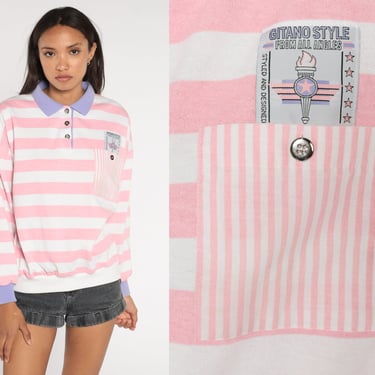 80s Gitano Sweatshirt 90s Pink Striped Polo Sweatshirt Stripes White Sweatshirt Slouchy Button Neck 1980s Pocket Large l 