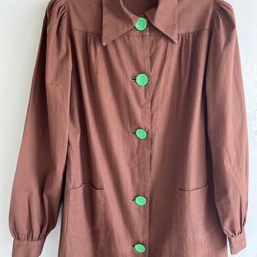 1940s Chocolate Artist's Smock with Absinthe Green Buttons and Pockets 42 Bust Vintage 