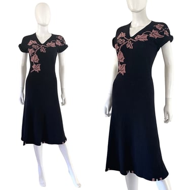1940s Autumn Leaves Knit Dress - 1940s Knitwear - 1940s Black Knit Dress - 40s Fall Dress - Vintage Knitwear Dress | Size Medium 