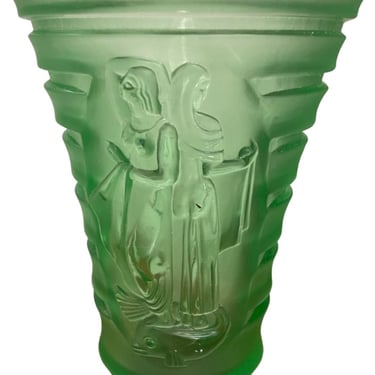 Art Deco Carved Green Glass Vase with Woman & Birds