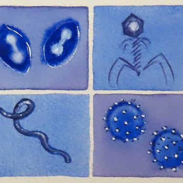 Blue and Purple Viruses - original watercolor painting - science art 