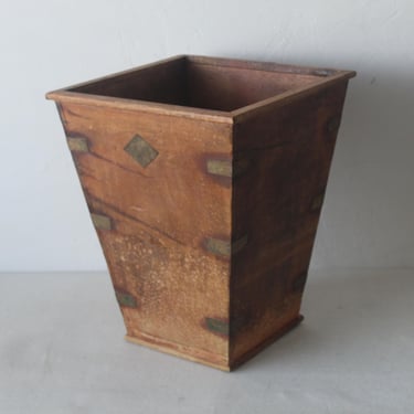 Vintage Large Wood Brass Details Waste Basket Planter 