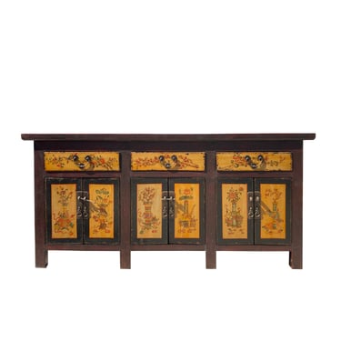 Chinese Distressed Brick Red Yellow Vases Graphic Credenza Console Cabinet cs7397E 
