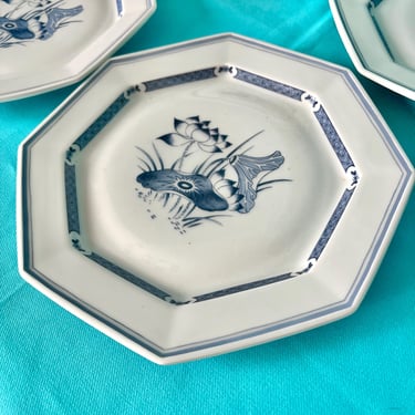 Vintage Limoges Dishware, Salad Plates, Blue White, France, Set 4, Mushroom Herb Design, Octagonal, Luncheon Plates, Signed 