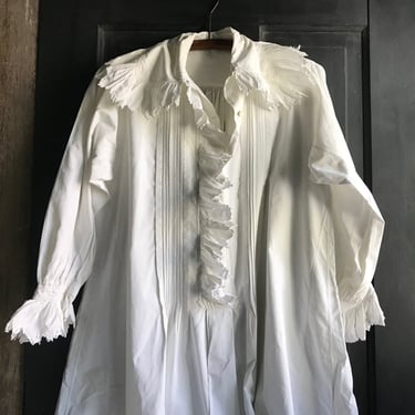 Antique French Ruffled Nightgown, Chemise, Nightdress, 1800s, Lace Ruffle Collar, White Cotton, Lace, Monogram, French Farmhouse 