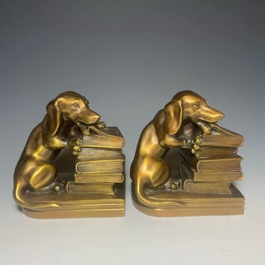 Vintage A Pair Dachshund Dog Bookends by PM CRAFTSMEN Cast Metal With Brass - Made in USA 