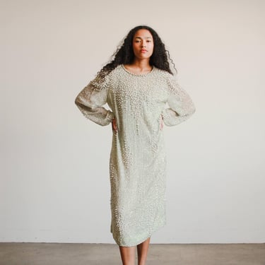 1980s Mint Silk Beaded Shift Dress 