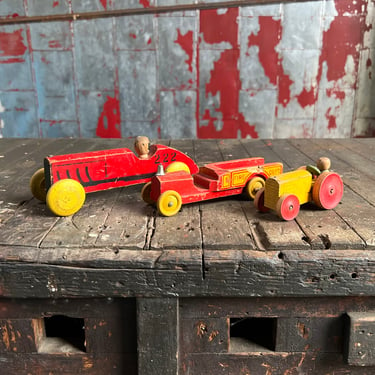 Vintage Wood Toy Lot Firetruck Tractor Racecar 