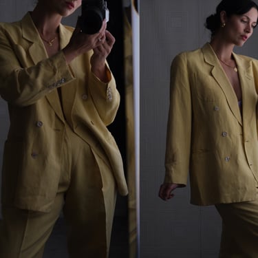 Vintage 90s SONIA BOGNER Lemon Yellow Double Breasted Linen Pant Suit w/ Cerulean Pinstripes | Made in Germany | 1990s BOGNER Designer Suit 