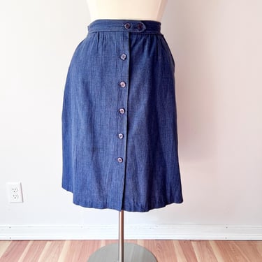 SIZE XL Vintage Button Front Blue Skirt - 70s Midi Denim Style A Line - 1970s Mid Calf Blue Skirt Pockets 