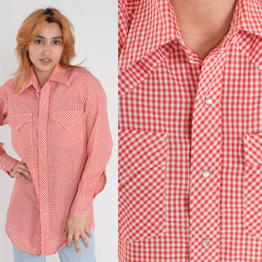 Red Gingham Shirt 70s Lee Western Pearl Snap Plaid Top Checkered Long Sleeve Button Up 1970s Plaid Hipster Vintage Small 14 1/2 x 32 