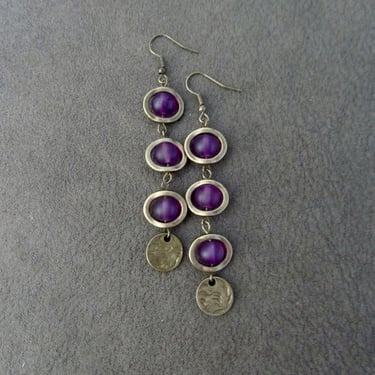 Long bohemian purple frosted glass and bronze earrings 