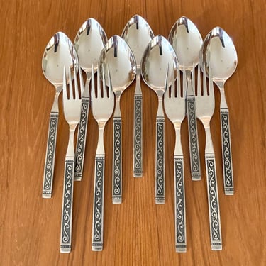 Oneida Midnight stainless MCM flatware blackened scroll handles oval soup spoons and dinner forks 