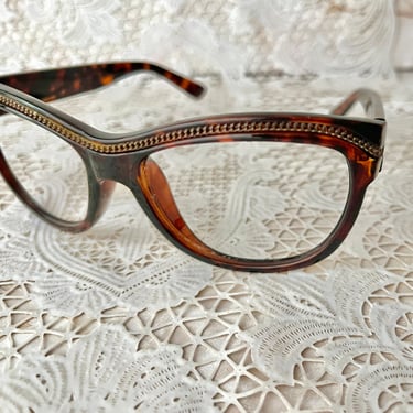 Vintage Eye Glass Frames, Chain Embellished Trim, Tortoise Lucite, Street Style, Punk, Geek, Brainy 