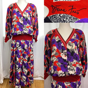 Vintage Diane Freis Floral 2 Piece Set, Skirt and Top | Diane Freis 2pc Dress | Summer Flouncy Boho Hippie Festival | Red Black Purple White 