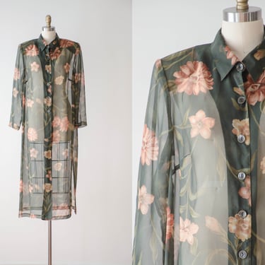 sheer chiffon jacket | 80s 90s vintage dark forest green peach floral cottagecore see through duster cover upj acket 