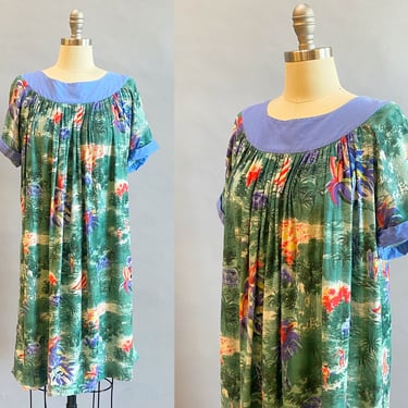 1950s Hawaiian Dress / Vintage Hawaiian / Rayon Hawaiian / Hawaiian Muumuu / Novelty Print / Size Small Size Medium 