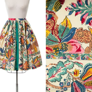Vintage 1950s Skirt | 50s TABAK OF CALIFORNIA Floral Fruit Novelty Print Cotton Colorful Pleated Full Skirt with Pockets (small) 