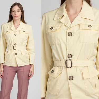 S-M| 70s Mod Yellow Belted Button Up Top - Small to Medium | Vintage Long Sleeve Safari Pocket Shirt 