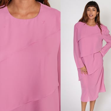 70s Pink Dress Bias Cut Midi Dress Long Puff Sleeve Grecian Layered Draped Party Evening Cocktail Simple Chic Vintage 1970s Medium Large 