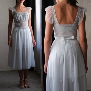 Vintage 50s Powder Blue Victorian Style Nightgown W/ Sheer Floral Lace Trim | Vanity Fair | Negligee, Bride | 1950s Midi Slip Nightgown 