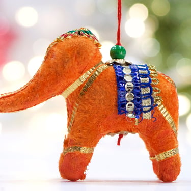 VINTAGE: India Folk Art Fabric Elephant Ornament - Orange Elephant - Colorful Dangle - Handmade - Good Luck - SKU 